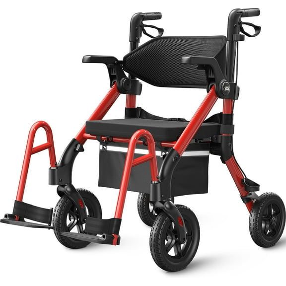 VOCIC Z55 Foldable 4-Wheel Rollator with Seat, Transport Chair & Dual Brakes, Red, 300 lb Limit