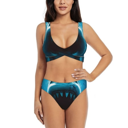 Zeuib Open-Mouthed Shark High Waisted Tummy Control Bikini Set - Knot Front Push Up Top & Cheeky Thong Bottom  Two-Piece Swimsuit for Women-Small