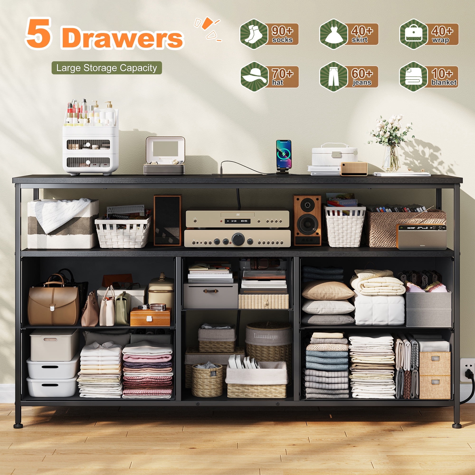 Wide Dresser with 5 Drawers for 50" TV Stand with Power Outlets & LED Lights & Entertainment Center,Dressers for Bedroom with Shelves for Living Room, Sturdy Metal Frame, Grey