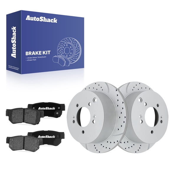AutoShack Rear Solid Drilled & Slotted Coated Brake Rotors Silver Matte Finish   Ceramic Pads 6-PC Brake Kit Replacement for 2005-2010 Kia Sportage 2005-2009 Hyundai Tucson TurboGuard 11.18" (284 mm)