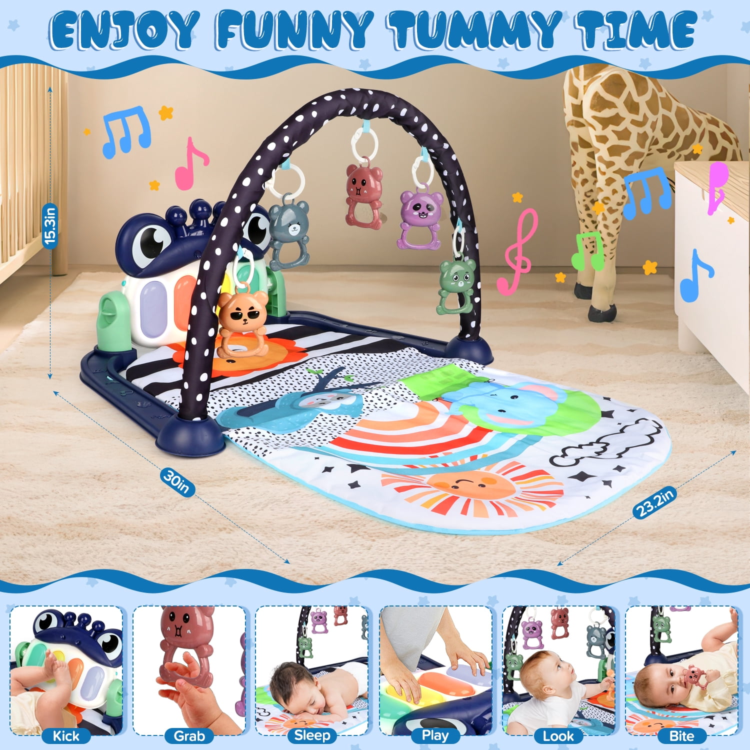 UUSUOO Baby Gym Play Mat,Kick and Play Piano Gym Tummy Time Activity Mat with 5 Infant Sensory Toys,Music and Lights, Boys & Girls Gift for Newborns 0-3-6-9-12 Months