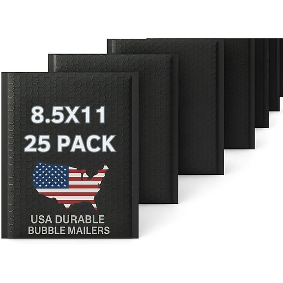 8.5"x11" (#2 Size) Black Hard Shell Poly Bubble Mailers – 25 Pack | USA Durable Bubble Mailers LLC | Padded Shipping Envelopes – Tear-Resistant, Self-Seal, Lightweight