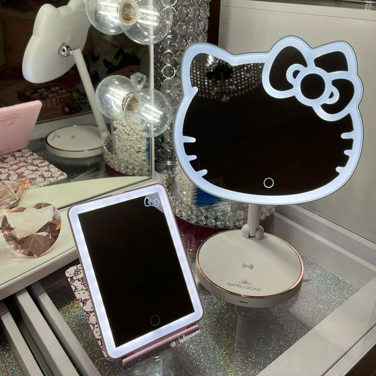 Impressions Vanity Hello Kitty Touch Pad Mini Tri-Tone Makeup Mirror with Printed Flip Cover and LED Strip, Travel Vanity Mirror with Touch Sensor