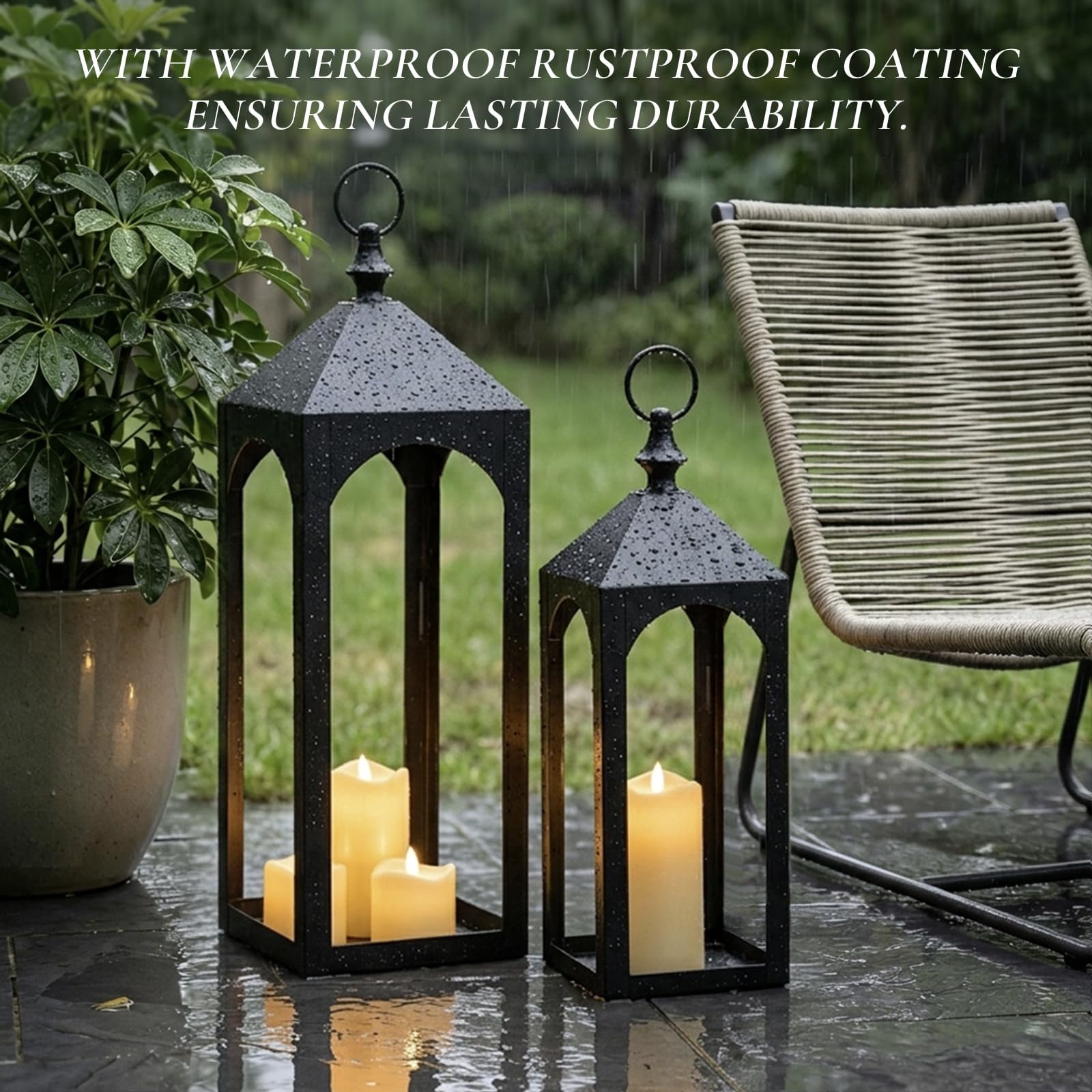 Nuptio Tall Black Lanterns Decorative Indoor for Pillar Candle Holder , Indoor Outdoor Lanterns for Porch & Patio ,17" & 23" Set of 2 ,No Glass M+L (New)