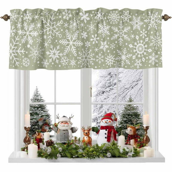Rod Pocket Window Valances Christmas Abstract Snowflake on Green Short Kitchen Curtains Winter Snow Scene Window Treatment Drapes for Bedroom Bathroom Living Room 54x18In,1 Panel