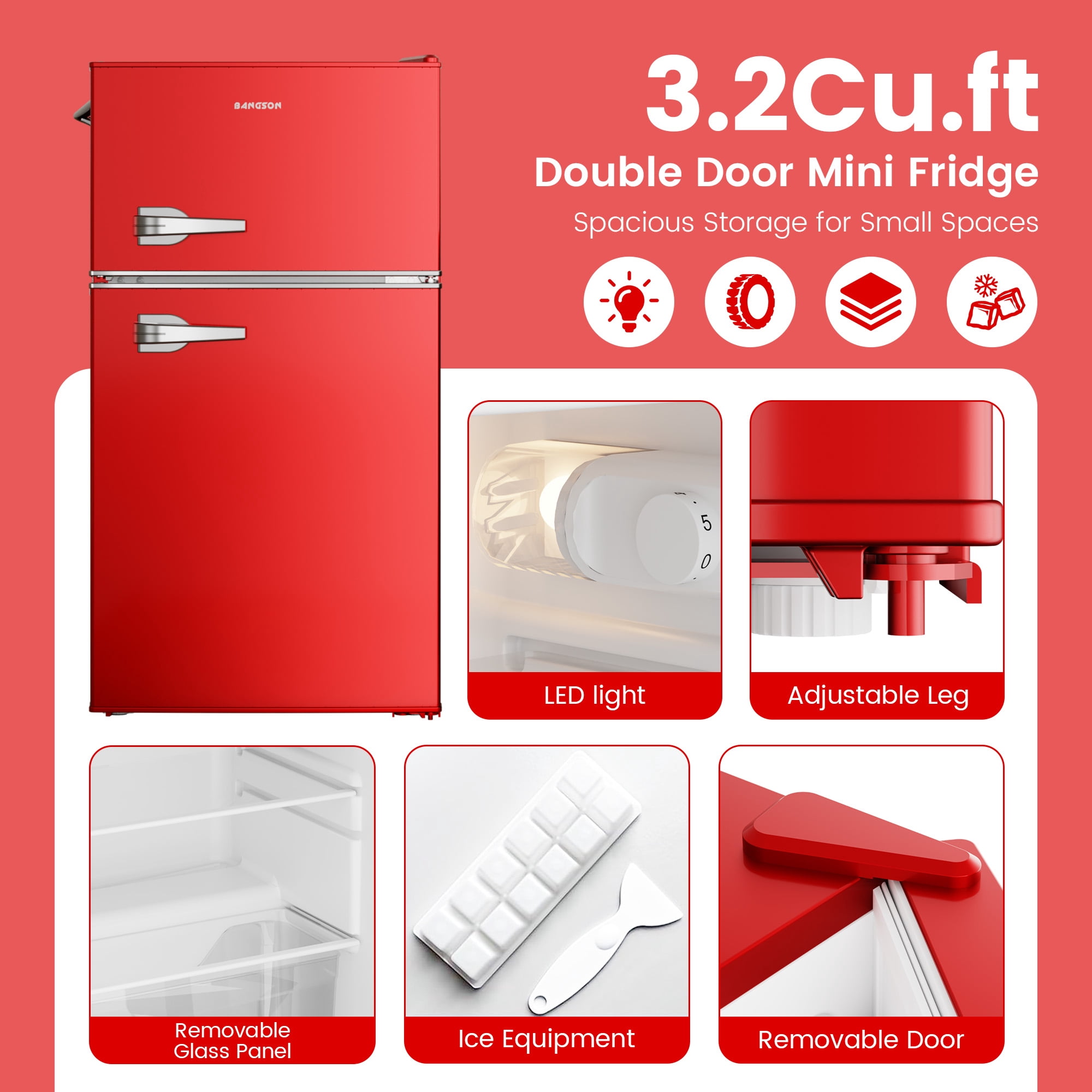 BANGSON 3.2 Cu.Ft Retro Mini Fridge with Freezer, Small Refrigerator for Dorm Room & Home Bar ,Red