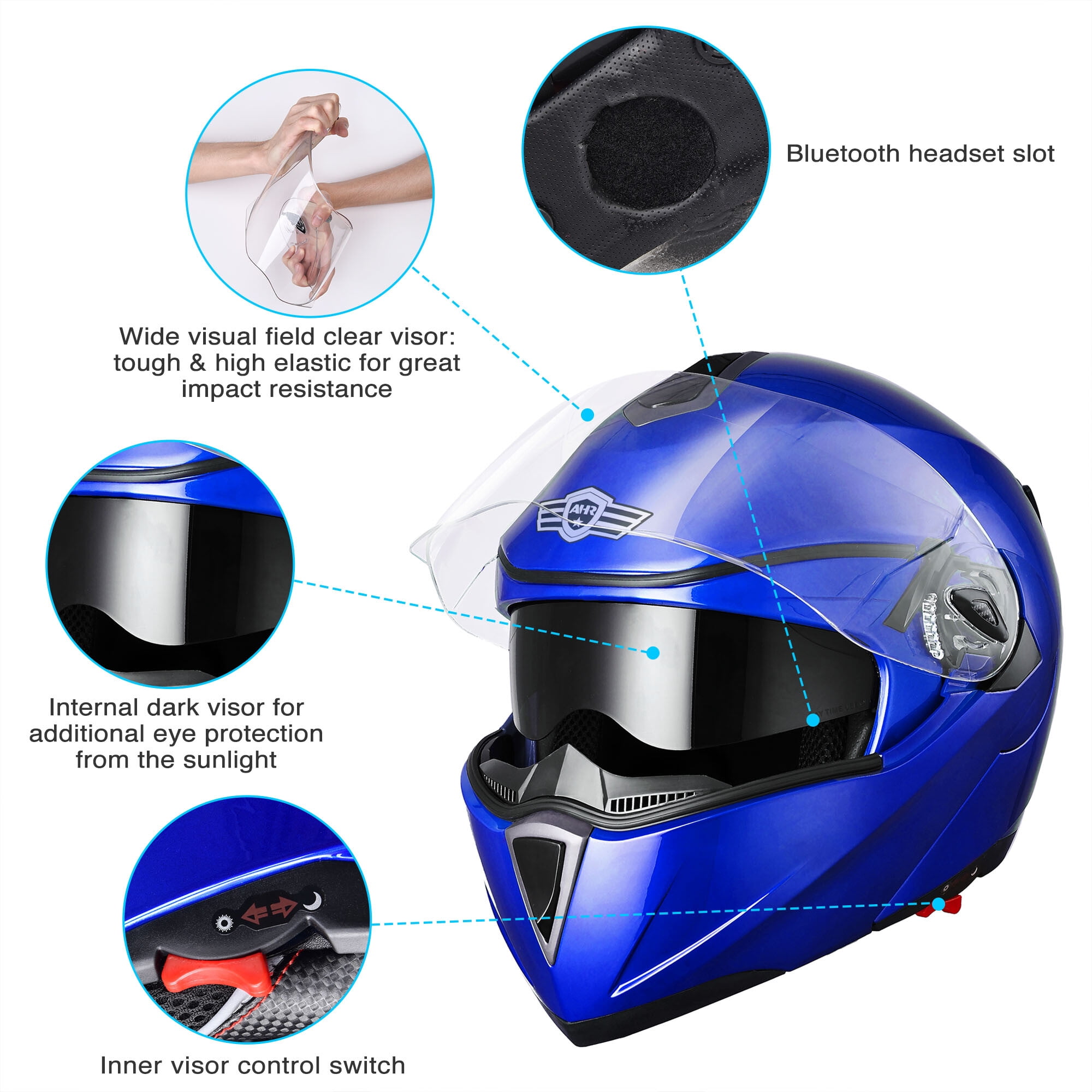 AHR Motorcycle Helmet Dual Visor Modular Flip up Full Face Helmet DOT  Approved RUN-M for Adult Motorbike Street Bike Moped Racing