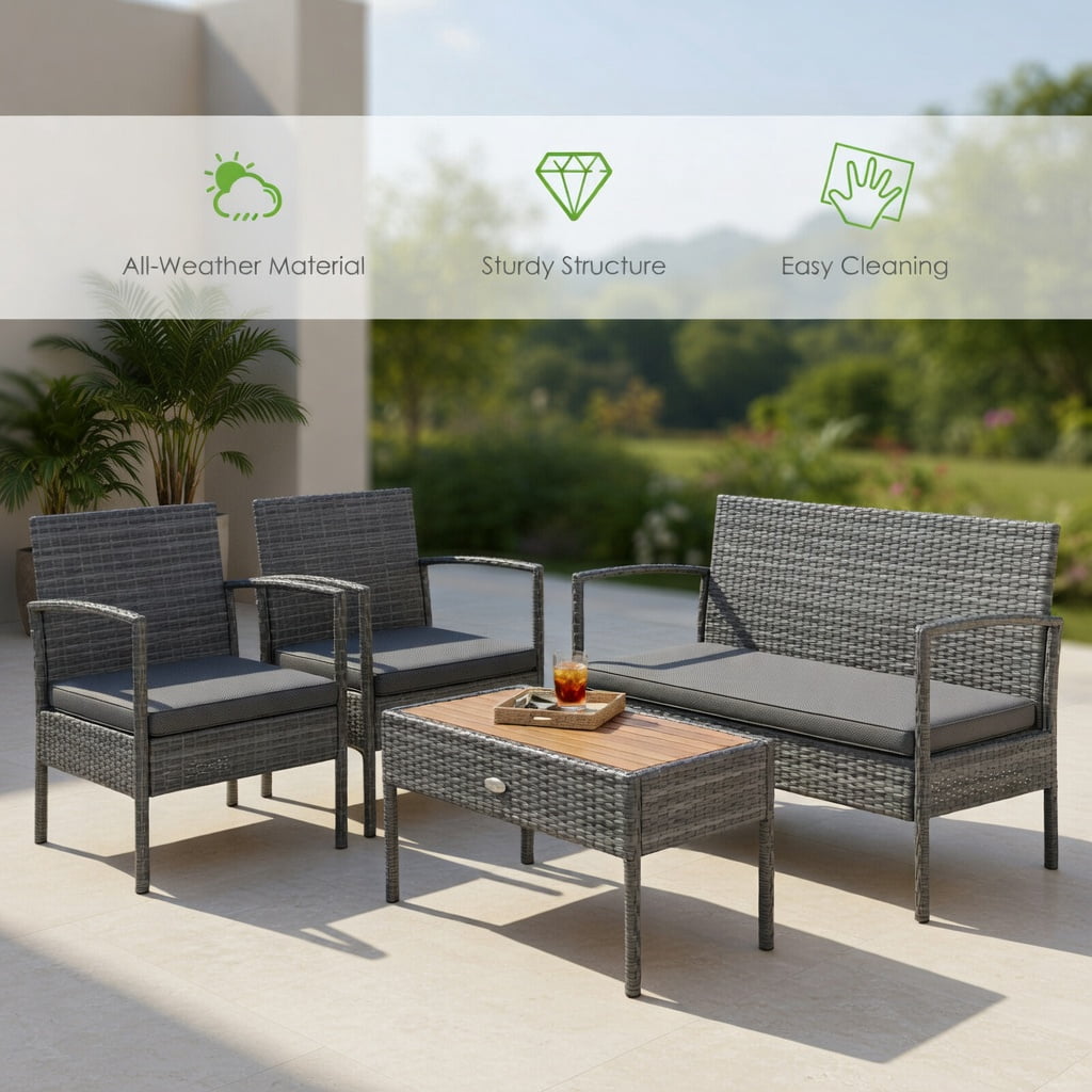 Hommoo 4-Piece Outdoor Patio Furniture Set, Steel Glider Loveseat, Tempered Glass Coffee Table + 2 Spring Rocking Dining Chairs for Backyard, Poolside & Garden, Brown