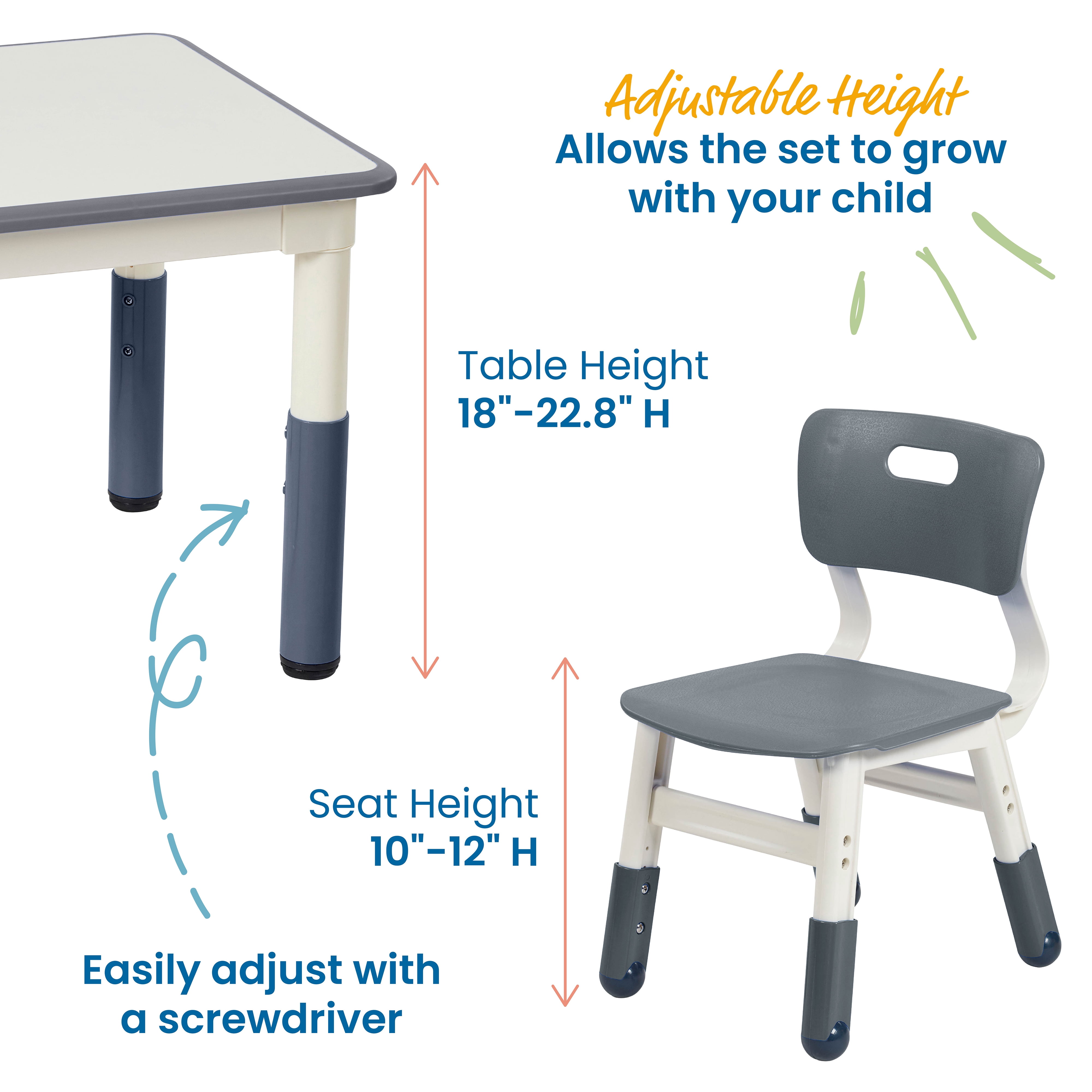ECR4Kids Dry-Erase Rectangular Activity Table with Two Chairs, Kids Furniture, Grey, 3-Piece