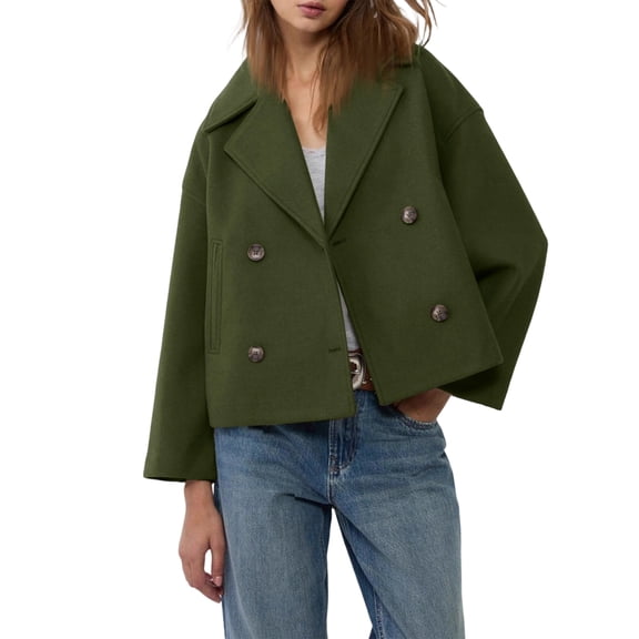 CharmCyan Women's Fashionable, Elegant, Solid-color, Long-sleeved, Short Woolen Coat With A Turned-up Collar Army Green L