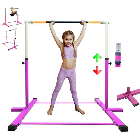 Gymnastics Bar Pro Horizontal Kip Bar Expandable Height 3 to 5 FT, Premium Jungle Gym Home Gym Pull Up Kids Gymnasts Junior Training Bar, Monkey Bar Playground for Athletic Children and Teens Pink