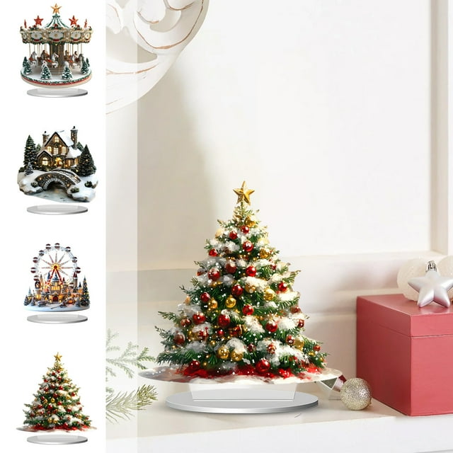 Christmas Desktop Decorations - Acrylic Standee with Tree & Carousel Print for Holiday Home or Office Decor