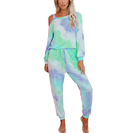 

Colisha Ladies Loungwear Long Sleeve Nightwear Off Shoulder Sleepwear Slash Neck Summer Tie Dye Pjs Light Blue M