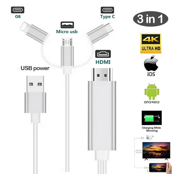 3 in 1 HDMI Cable Adapter, 1080p HDMI Mirroring Phone to TV Projector Monitor HDTV, Support iOS iPhone and Android Phones