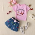 thumbnail image 2 of Toddler Girls' Outfits Butterfly Letter Print Embroidered T Shirts and Denim Shorts With Adjustable Belt Size 3-4T, 2 of 6