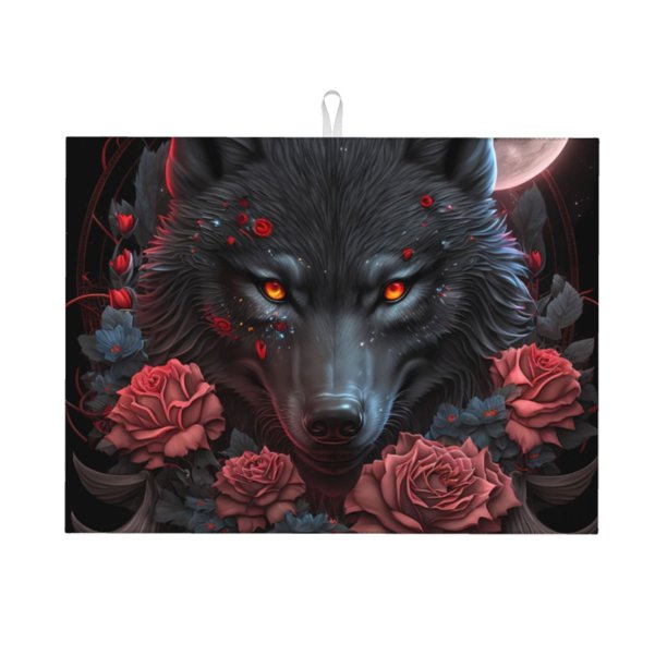 Balery Rose Full Moon Black Wolf Alfombrilla de Secado para Cocina, 18x24 Pulgadas, Súper Absorbente para Platos y Encimeras