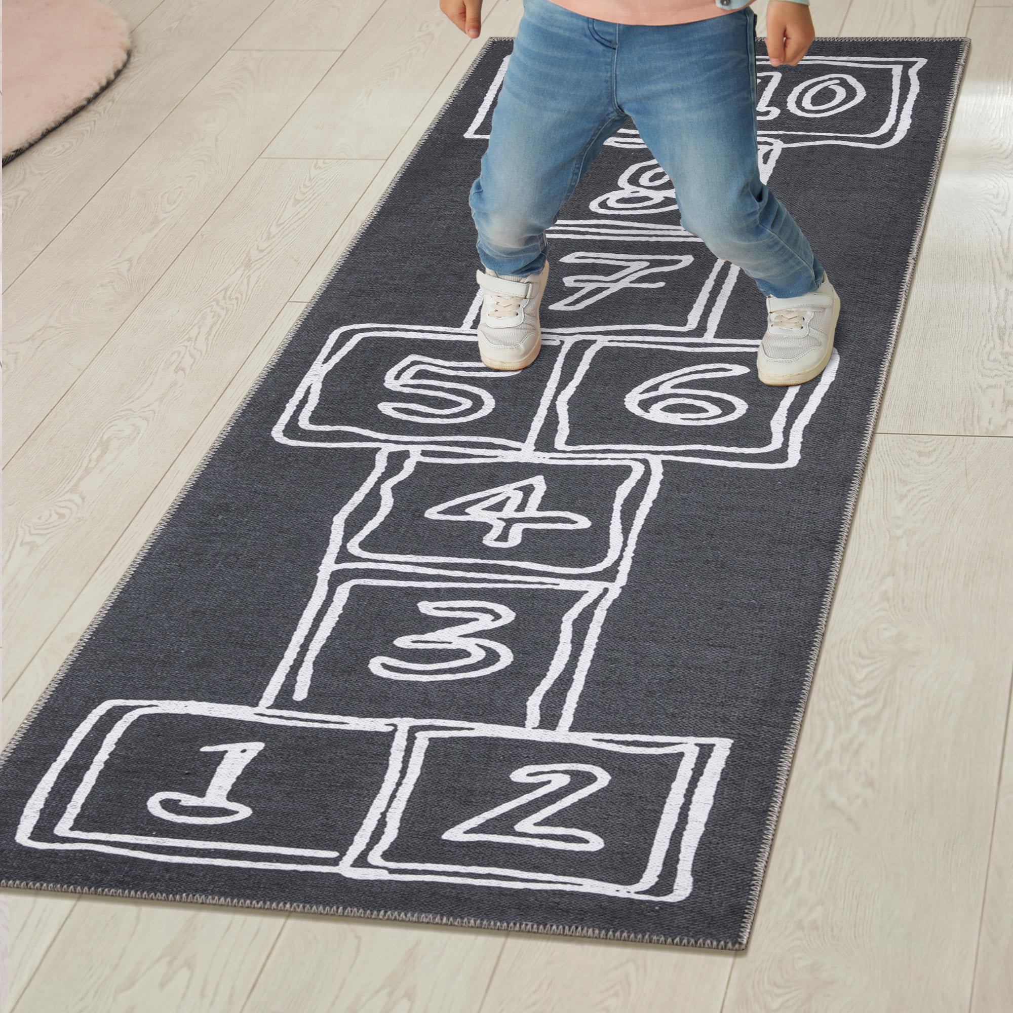 Ottomanson Washable Flatweave Kids Hopscotch 3x6 Play Mat Area Rug, 2'7" x 6', Grey