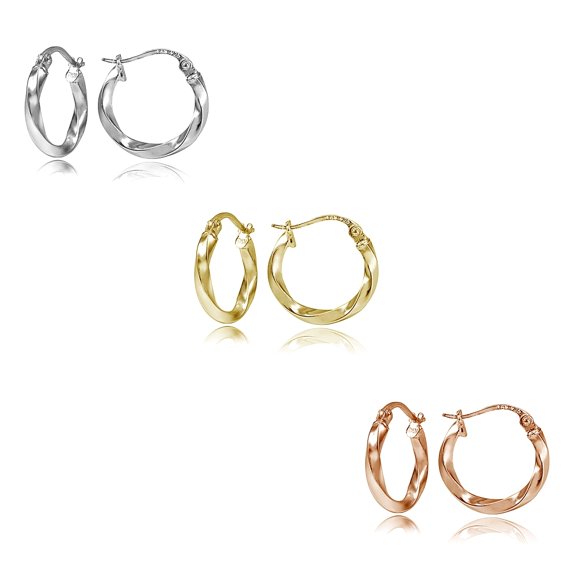 Sterling Silver Tri Color 2x15mm Twist Polished Hoop Earrings Set of 3