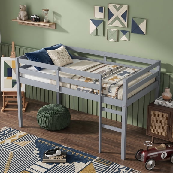 Sailvan Solid Wooden, Rubber Wooden Twin Loft Bed with Ladder, Bed Platform of Strengthened Slats