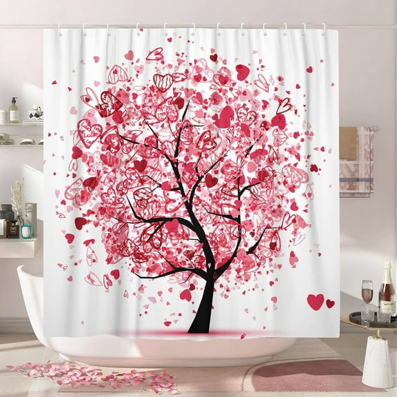 Happy Valentine's Shwoer Curtaih, Love Tree Bathroom Curtain Set, Romantic Valentines Tree with Red Love Hearts Shower Curtains for Lovers, Fabric Shower Curtain Set with Hooks, 70X70IN