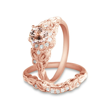 1.50 carat Round Cut Morganite and Diamond Halo Bridal Wedding Ring Set in Rose Gold: Bestselling Design Under Dollar (10 Best Watches Under 500)