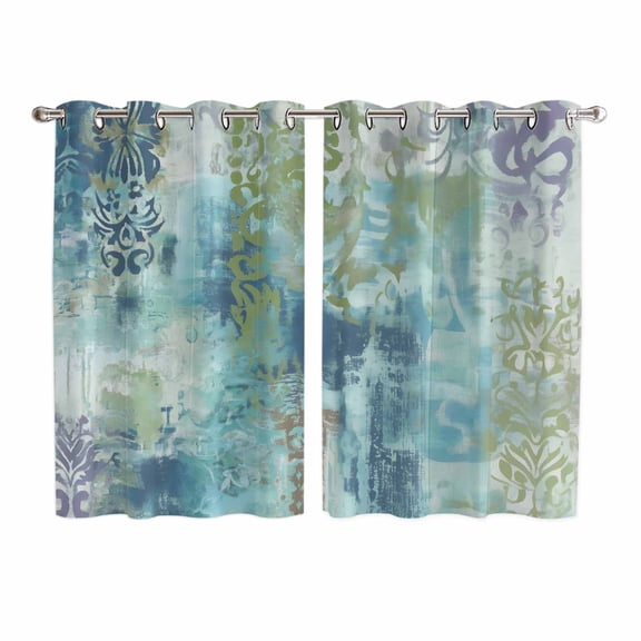 Blue Sage Green Boho Kitchen Curtains Window Panels, Vintage Ethnic Tribe Abstract Art Insulated Window Treatment Curtain, Grommet Curtains for Bedroom/Living Room/Bathroom, 2 Piece 52"Wx72"L