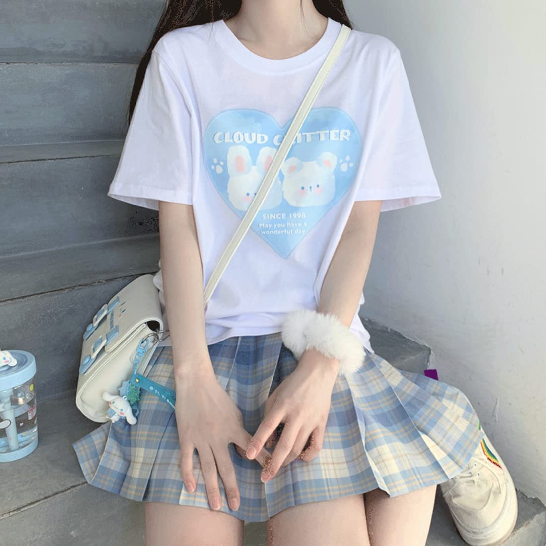 DanceeMangoo Kawaii Clothes Pastel Goth Fashion Crewneck Soft Cute Cartoon  Heart Print Cloud Critter T-Shirt 