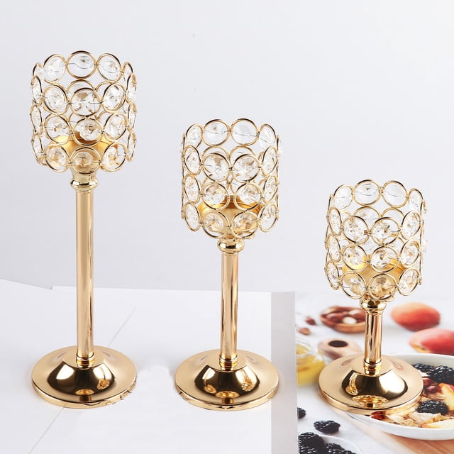 Candelabro de Metal y Cristal | Elegante Decoración para Mesa de Boda | Vela Votiva Brillante | Decoración para El Hogar - Color Dorado | Tamaño: 8 X 8 X 26 Cm | 1 Candelabro de Metal