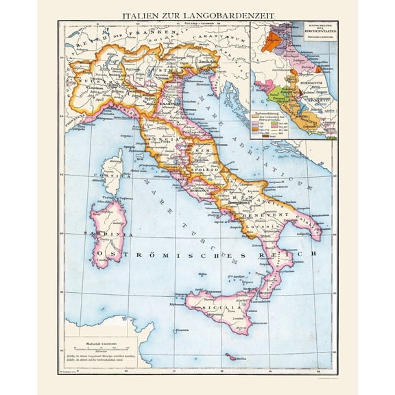 Historic Map - Lombards Italy  - Droysen 1886 - Vintage Wall Art