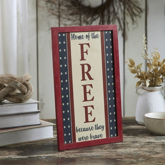 VHC Brands Patriotic Home Of The Free Because They Were Brave MDF Wall Sign 16x10, Independence Day Decor, Decorative Sign, Rustic Farmhouse Fourth of July Decorations, Light Tan, Deep Red, Navy Blue