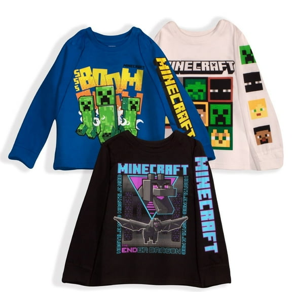Minecraft Characters Boys Long Sleeve T-Shirt, 3-Pack Bundle Set for Kids and Toddlers (Sizes 4-16)