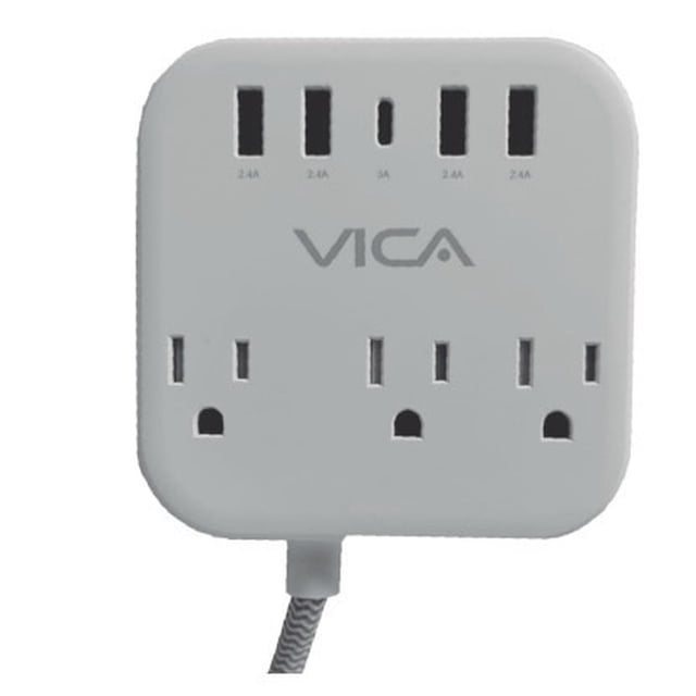 centro multicontactos vica sup usb 7p supvic050 1.5 m interior nema 5-15r Negro, vista frontal centrada de multicontactos cuadrado con tres tomas NEMA 5-15R en la fila inferior, cinco puertos USB tipo A en la fila superior con marcas 2.4A/5A visibles, logotipo VICA centrado y cable trenzado saliendo por abajo; a menudo se usa para cargar varios dispositivos y periféricos de oficina.