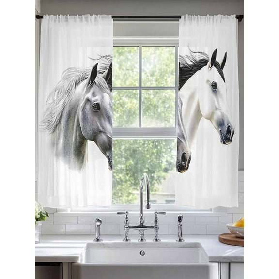Horse Print Sheer Curtains for Living Room Bedroom Modern Watercolor Grey White Animals Sheer Curtains 63 Inch Long 2 Panels Set Light Filtering Curtain Window Treatments Drapes for Dining Room