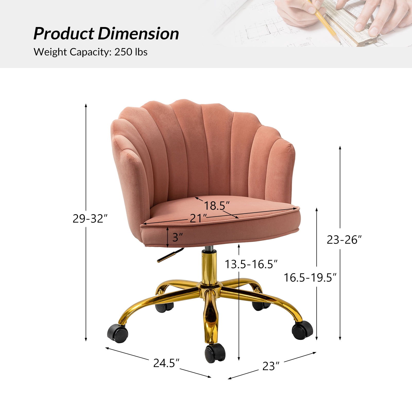 Makeup Vanity Chair Upholstered Velvet Office Task Desk Chair Swivel Adjustable Pink