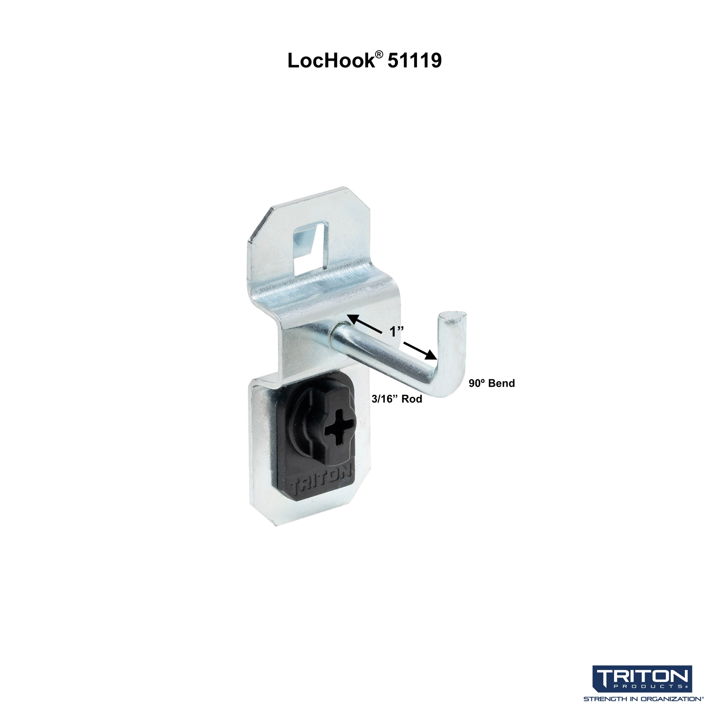 Triton Products® LocHook 1" Single Rod 90-Degree Bend 3/16"D Zinc Plated Steel Pegboard Hook for LocBoard, 5pk