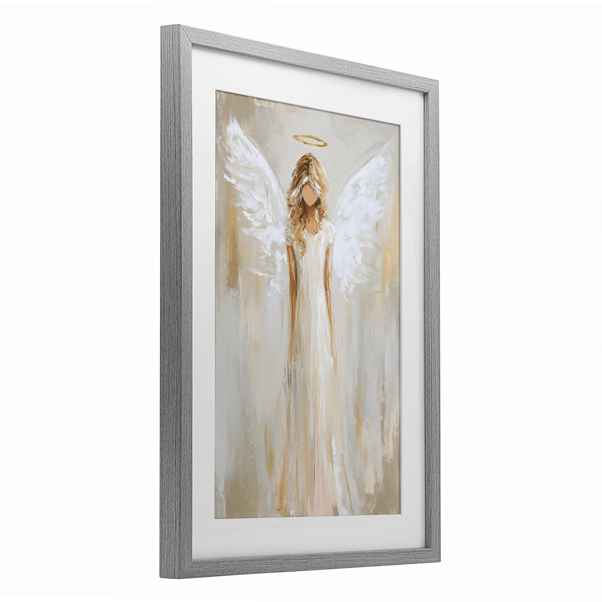 Divine White Robe Angel Gray Framed Print Under Glass, design by Petal Prints Design