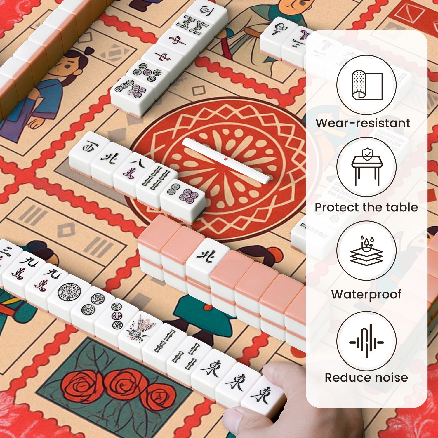 Mahjong Mat 31.5" x 31.5" Chinese Inspired Cartoon Anti-Slip and Noise Reduction Symmetry Design Mahjong Tiles Table Cover for Dominoes Poker Card Board and Tile Games