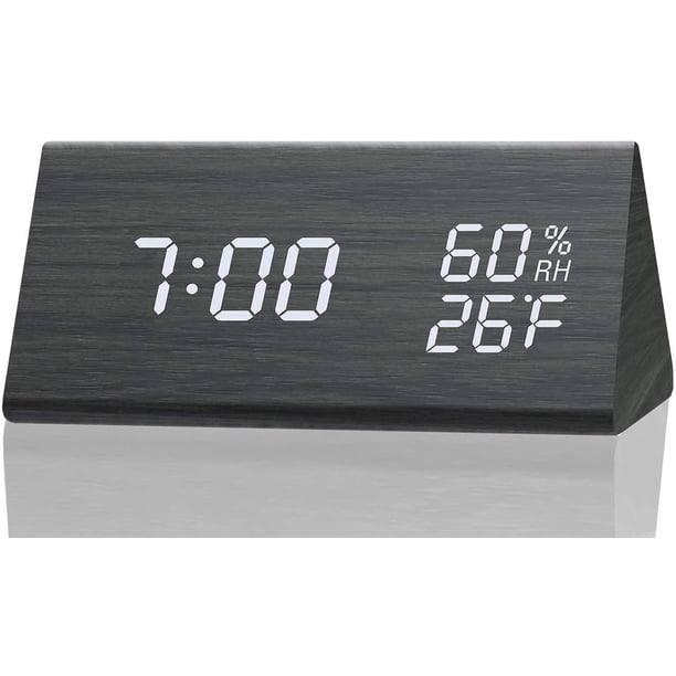 Reloj despertador digital, con pantalla electrónica LED de madera, 3 ajustes de alarma, detección de humedad y temperatura, relojes eléctricos de madera para dormitorios, mesitas de noche
