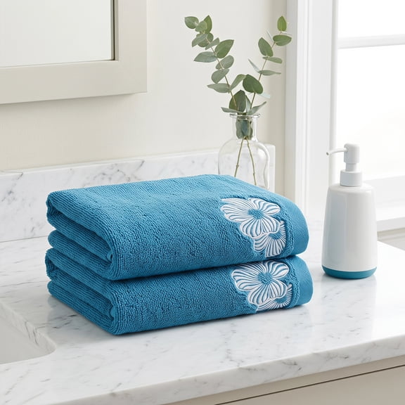 REGALWOVEN Hand Towels Set of 2 Embroidered Floral Pattern Decorative Towel Cotton Absorbent Soft Bathroom Hand Towel Set Blue 14" x 31"