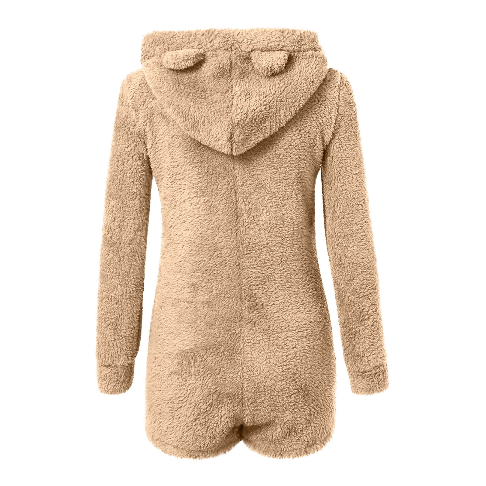 Long Sleeve Adult Onesie Pajamas New Women's Warm Hooded Ears Hooded Jumpsuit Long Sleeve Shorts Zipper Jumpsuit Pocket Sleepwear Home Clothes Style B-4 Khaki XXL