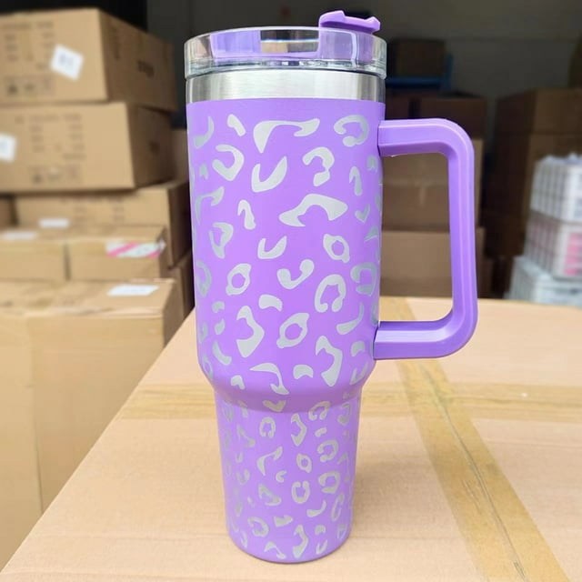 Taza térmica de acero inoxidable 304 con estampado de leopardo y asa de 40 oz para coche, con pajita, protección contra el frío