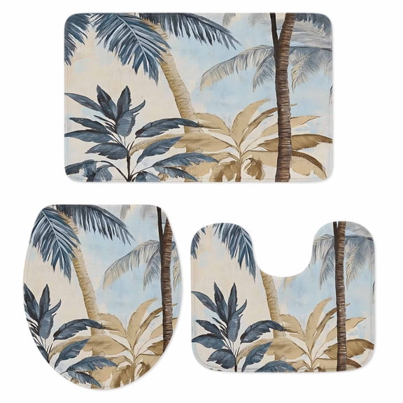 Retro Palm Trees Bath Mat 3 Piece Bathroom Rug Set, Summer Botanical Vintage Watercolor Non Slip Bath Rug Contour Mat and Toilet Lid Cover, Absorbent Shower Mats Soft Bath Rugs and Mats Sets