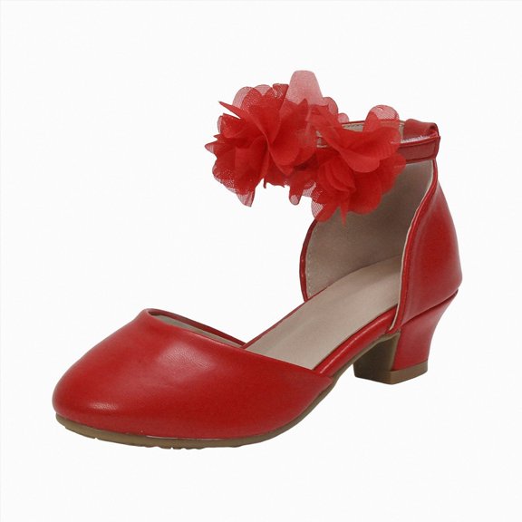 Ymyiu Girl Heels Girls Sandals Low Heels Ankle Strap Cute Heart Bow Design Flower Girls Party Dress Shoes for Little and Big Kid Size 12.5 (Red,Little Kids 12.5)