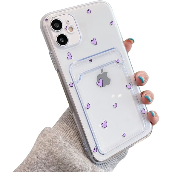 Compatible for iPhone 12 Case Clear with Card Holder, Cute Heart Pattern Love Design for Women Girl, Protective Soft TPU Shock-Absorbing Wallet Case for iPhone 12-Purple Heart