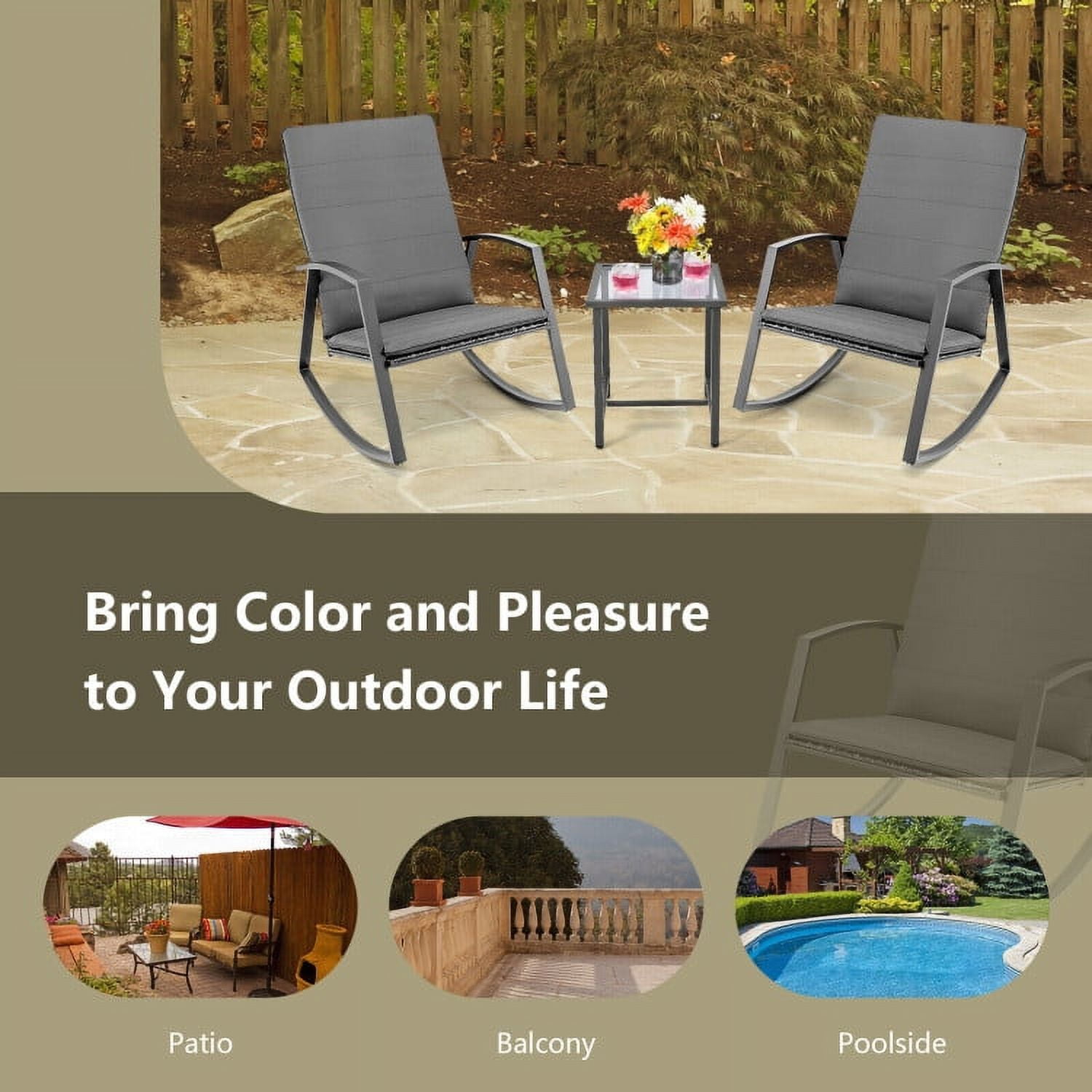 Aimee Lii 3 Pieces Patio Rattan Rocking Furniture Set, Patio Conversation Sets for Backyard and Poolside, Gray Aimee Lii 3 Pieces Patio Rattan Rocking Furniture Set, Patio Conversation Sets for Backyard and Poolside, Gray