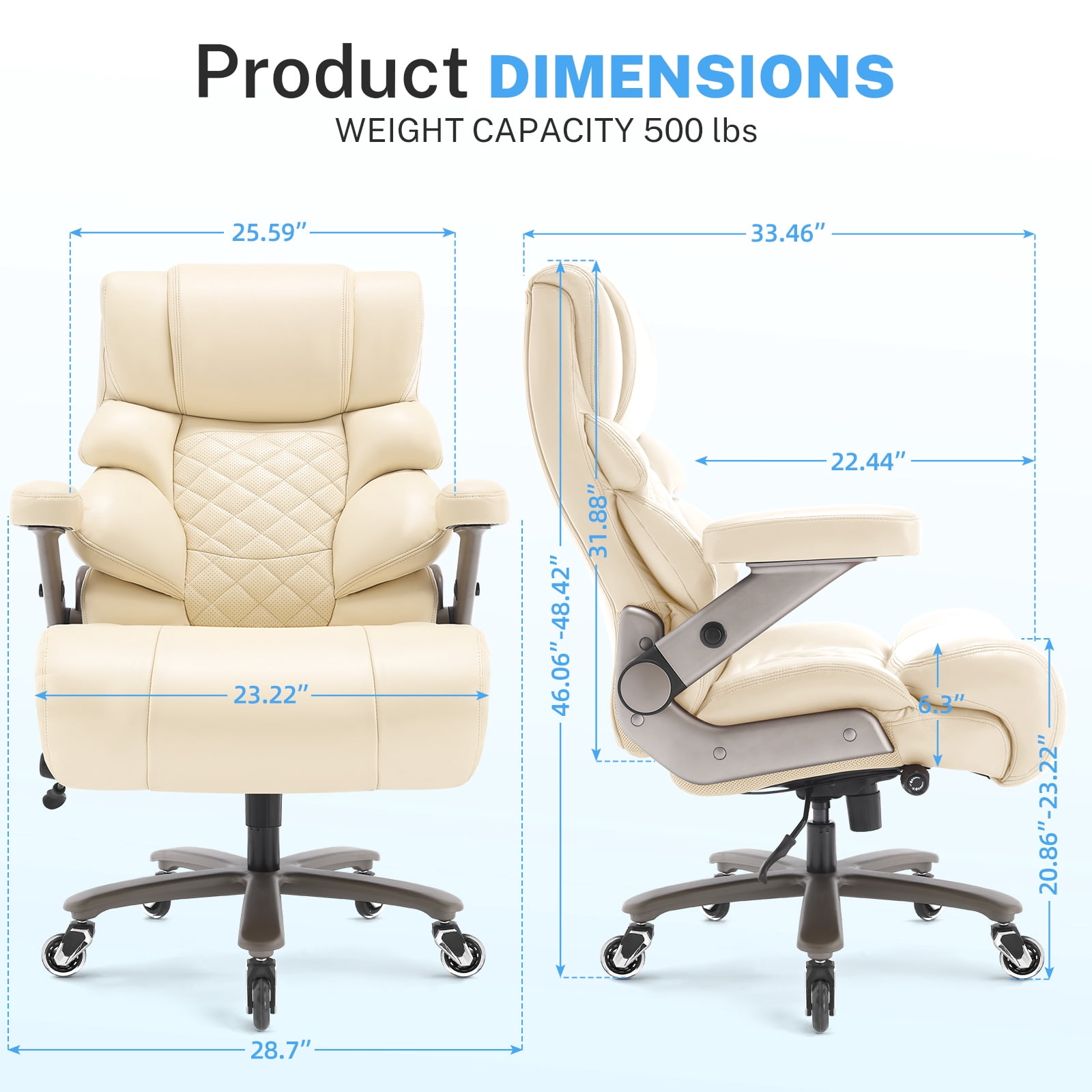 Big and Tall Office Chair 500lbs, Large High Back Executive Chair with Extra Wide Seat, Heavy Duty Computer Desk Chair, 3D Flip Arms, Adjustable Lumbar Support, Beige