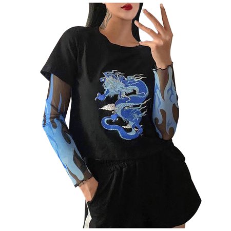 

Womens Girls O-Neck Dark Wind Dragon Breaker Print Patchwork Long-Sleeved Tops black long sleeve shirt women corset tops for women Blue M