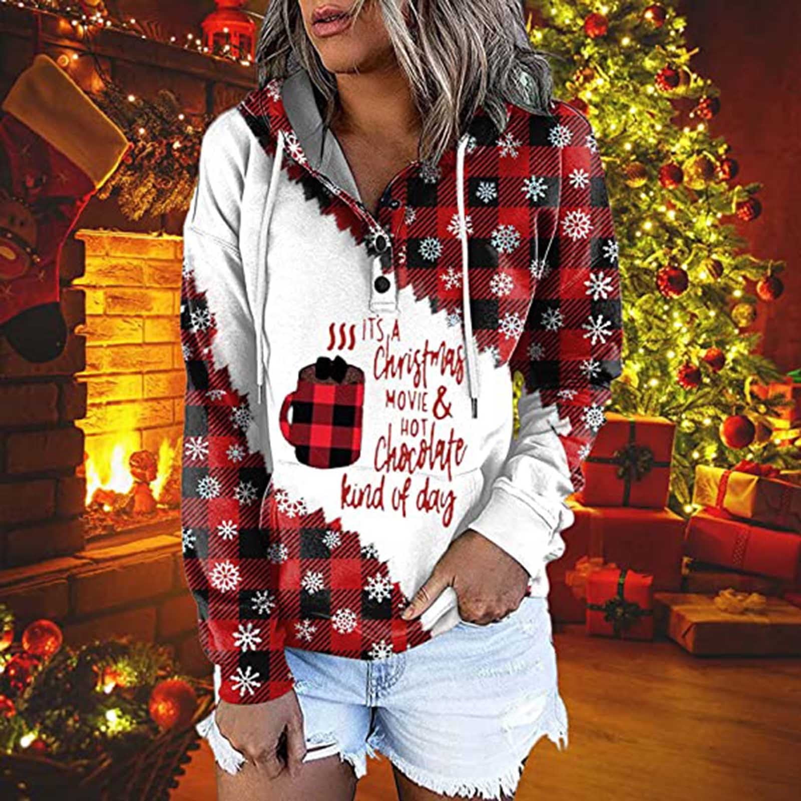 Pull de Noël à Capuche pour Femmes en Solde Mode Femme T-Shirt à