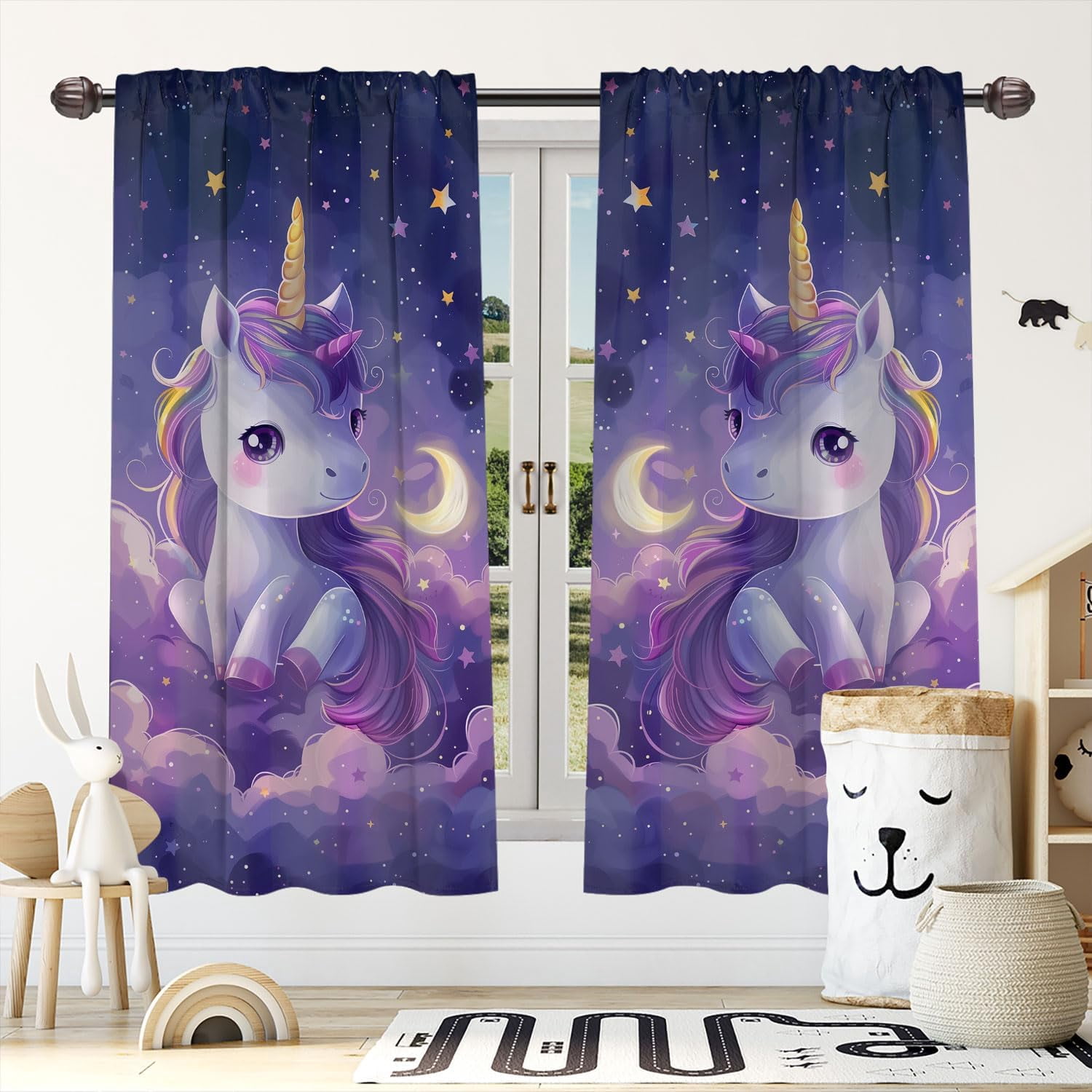 Cute Unicorn Blackout Curtains for Kid Girls Boys Bedroom, Cartoon Stars Moon Dreamy Fantasy Rod Pocket Darkening Thermal Insulated Curtains for Bedroom Living Room, W42 x L63 Inch