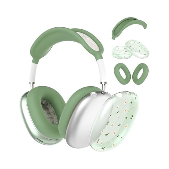 Eryueer Silicone Case Cover compatible with AirPods Max Headphones, Clear Daisy Soft TPU Ear Cups Cover/Ear Pad Case Cover/Headband Cover compatible with AirPods Max (2024/2020), Green